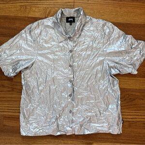 STUSSY WOMENS SHINY BUTTON DOWN SHIRT Silver Metallic L C24